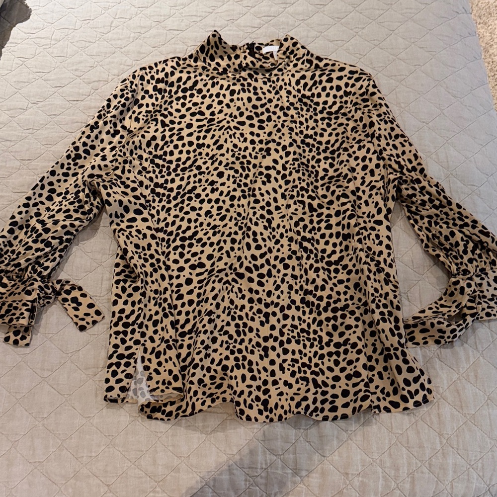 Boss Beige and Black Leopard Mock Neck Tie-Sleeve Blouse
